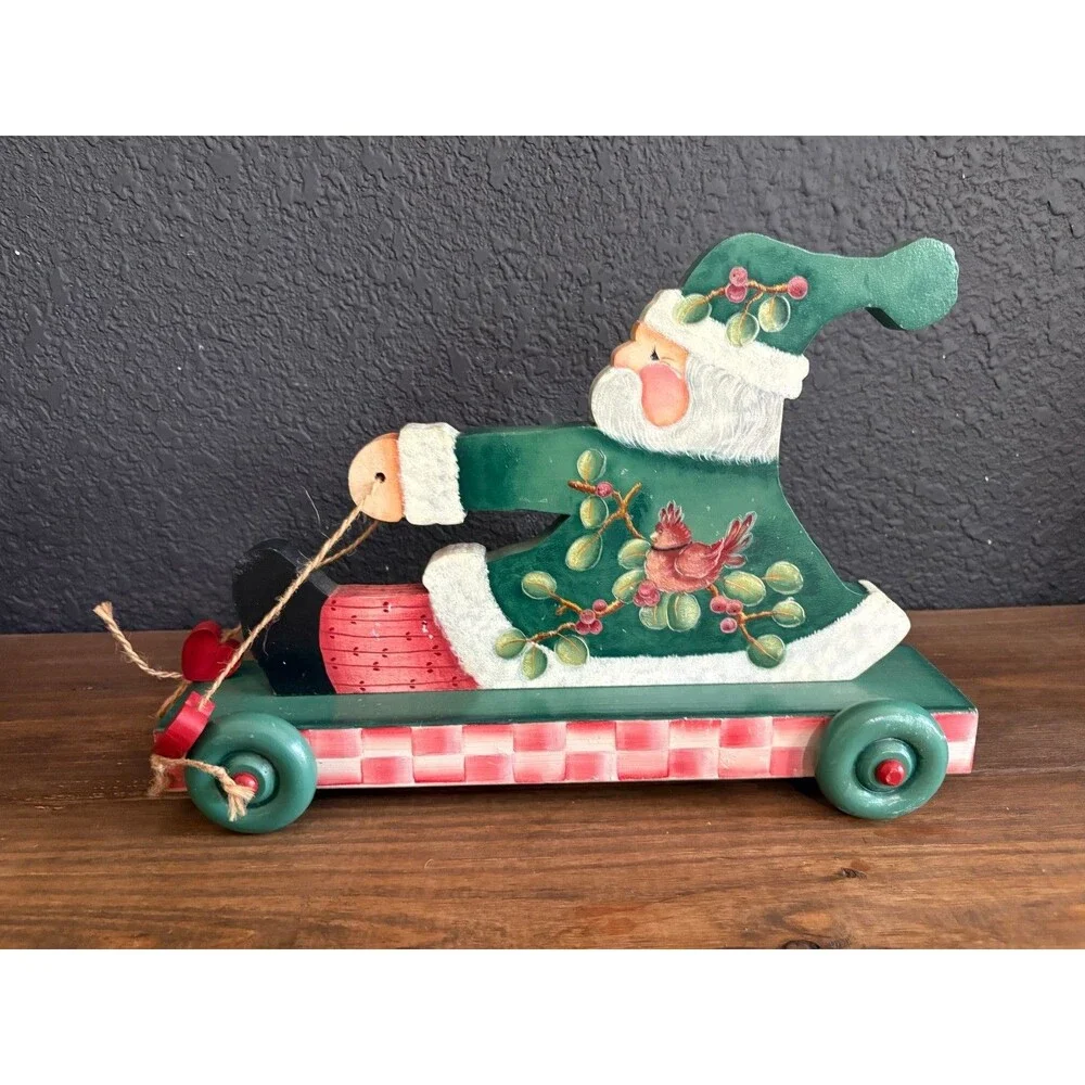 Vintage 1990s Briar Patch Primitives Hand Painted Wood Santa Claus on Wheels Chr